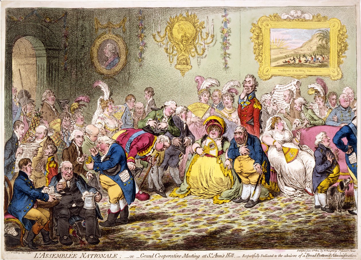 Lassemblée nationale: - eller - storslaget samarbetsmöte på St. Anns Hill, pub. 1804 (handfärgad gravyr) av James Gillray