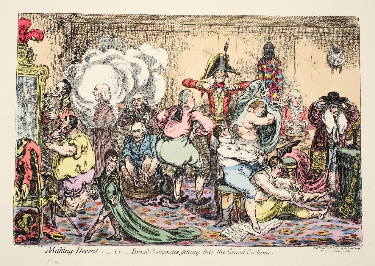 Making Decent, d.v.s. Broad Bottomites kommer in i Grand Costume, pub. 1806 (handfärgad gravyr) av James Gillray