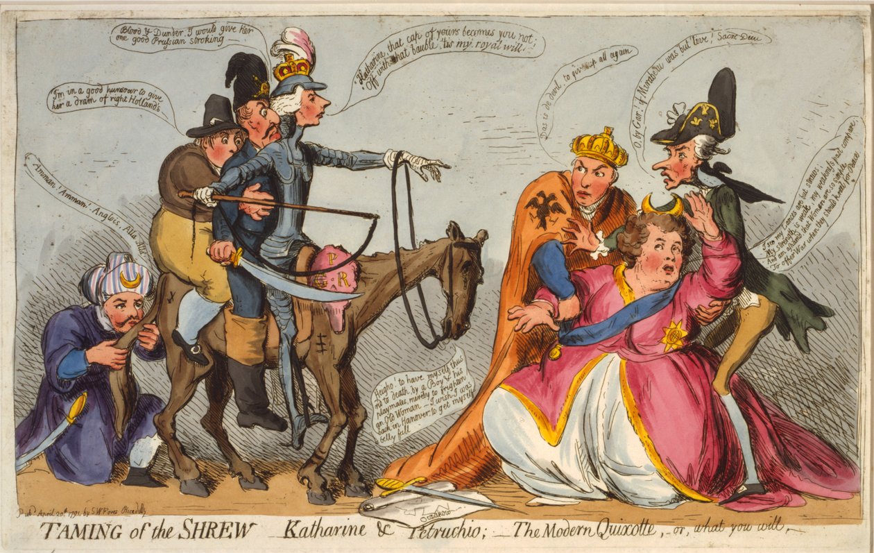 Taming of the Shrew, Katharine och Petruchio, The Modern Quixotte eller vad du vill, 1791 (handfärgad etsning) av James Gillray