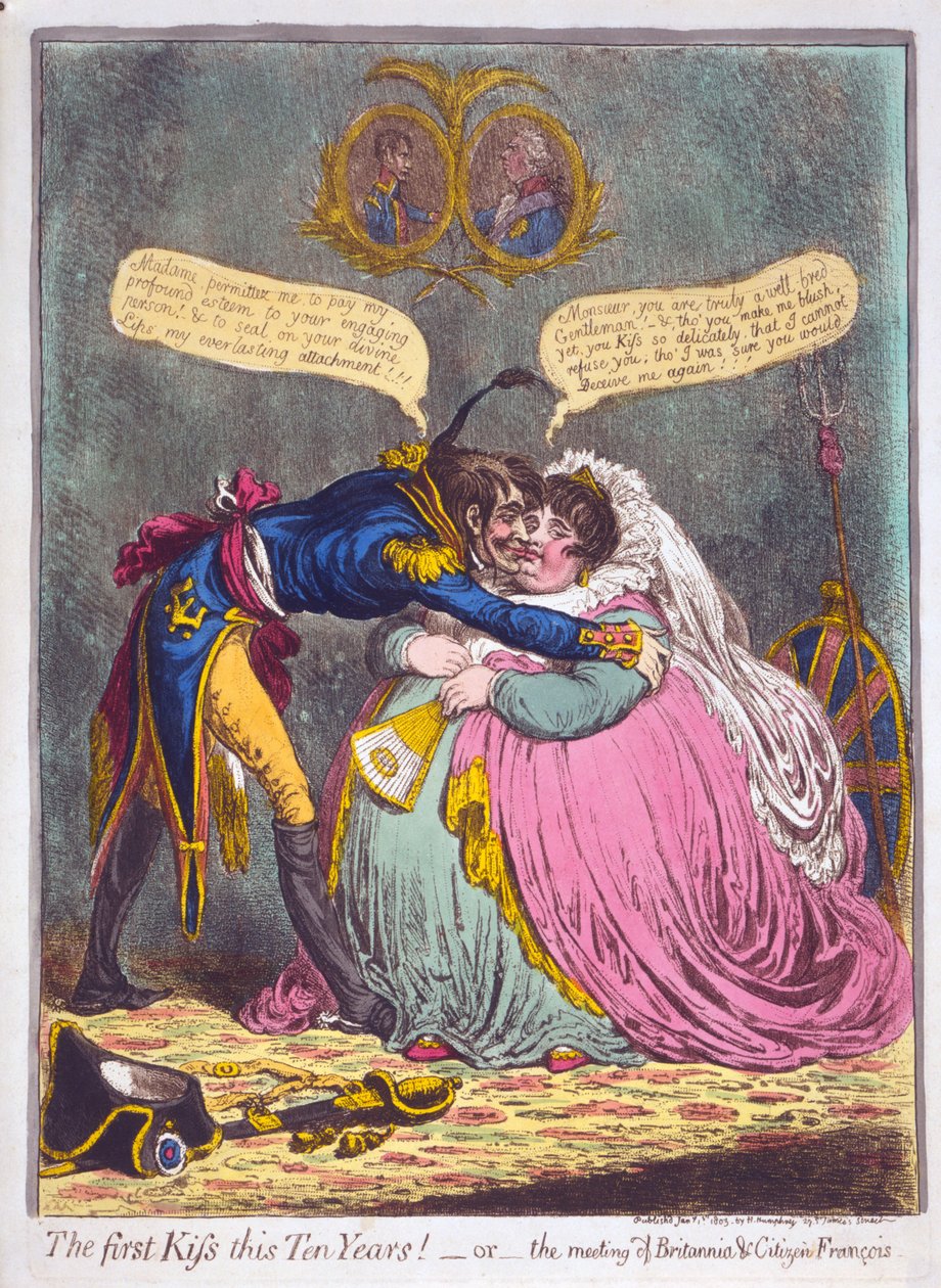 Den första kyssen på tio år! Eller mötet med Britannia und Citizen Francois, pub. 1803 (handfärgad gravyr) av James Gillray