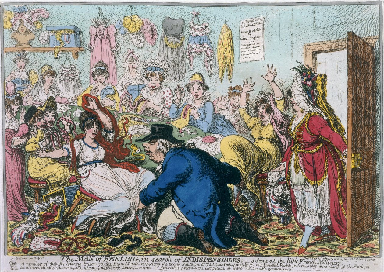 The Man of Feeling in Search of Dispensibles, or A Scene at the French Milliners, publicerad av Hannah Humphrey 1800 (handfärgad etsning) av James Gillray