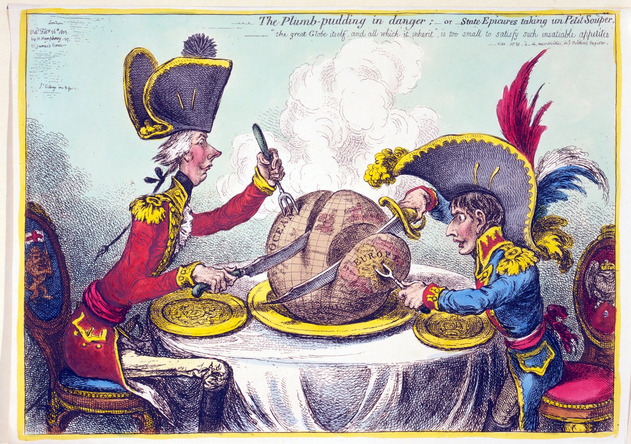 Plommonpudding i fara, eller State Epicures taking un Petit Souper, pub. 26 februari 1805 (handkolorerat gravyr) av James Gillray