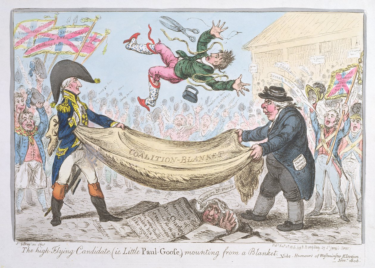 Den högtflygande kandidaten (dvs. Lilla Paul Goose) monterar på en filt, utgiven av Hannah Humphrey 1806 (handkolorerad etsning). av James Gillray