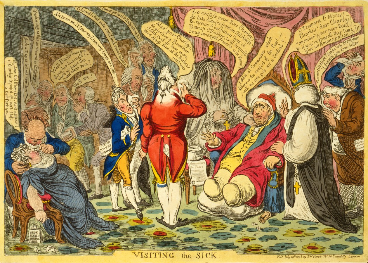 Besöker Sick, pub. 18 juli 1806 (handfärgad gravyr) av James Gillray