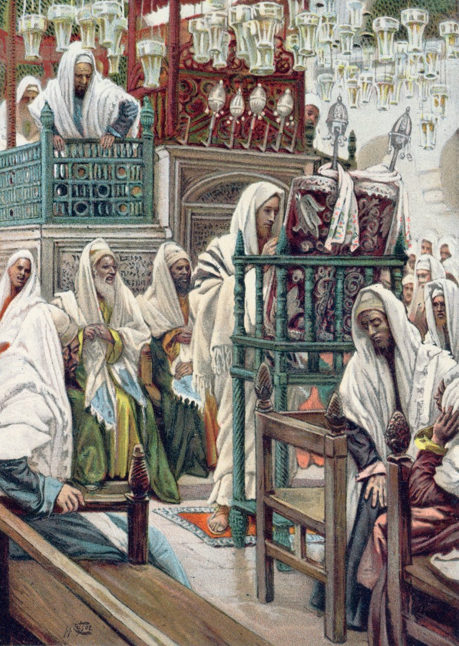 Jesus rullar ut boken i synagogan, illustration till "La Vie de notre Seigneur Jesus-Christ", utgiven i Tours 1896. av James Jacques Joseph Tissot