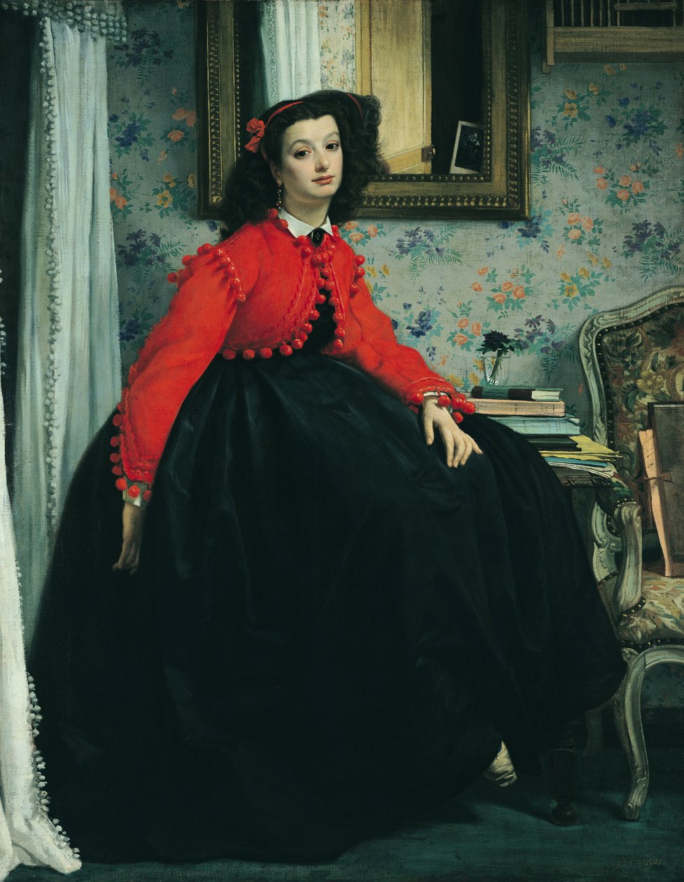 Portræt af Mlle. L.L. (ung dame i rød jakke) 1864 swed av James Jacques Joseph Tissot