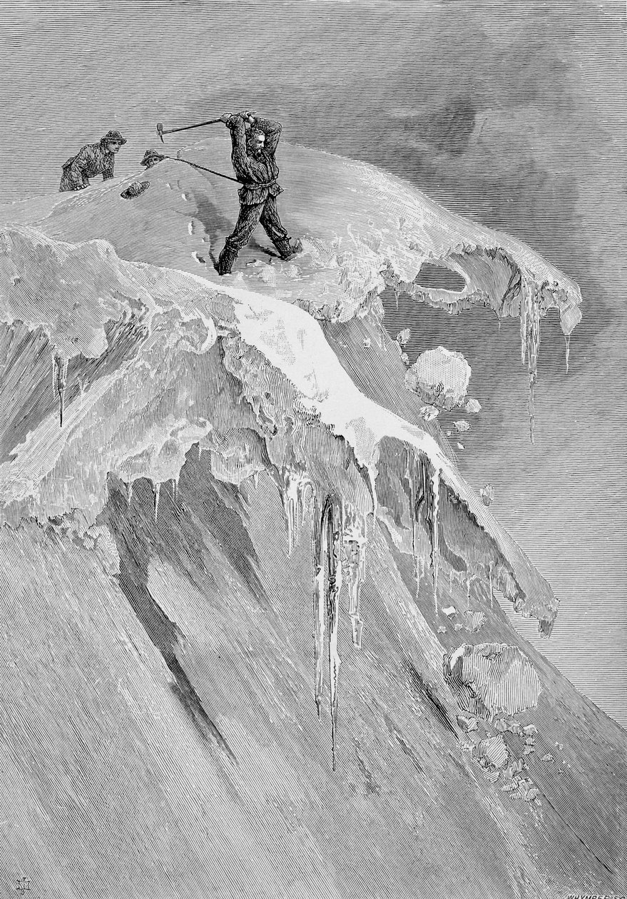 Momingpassets topp 1864, ur "The Ascent of the Matterhorn", graverad av Edward Whymper (1840-1911), publicerad på 1860-80-talet. av James Mahoney