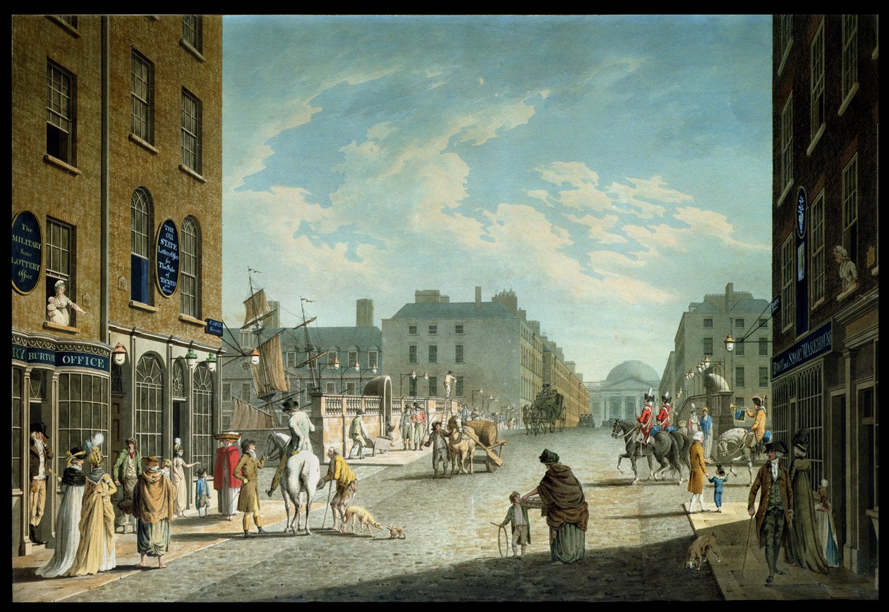 Capel Street med Royal Exchange, Dublin, 1800 av James Malton