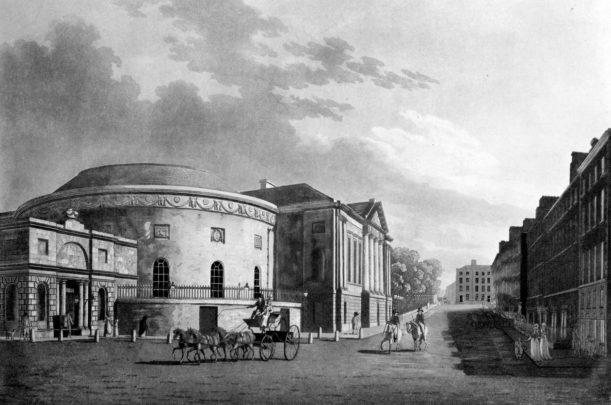 Rotunda und New Rooms, Dublin, 1795 (håndkoloreret gravering) swed av James Malton