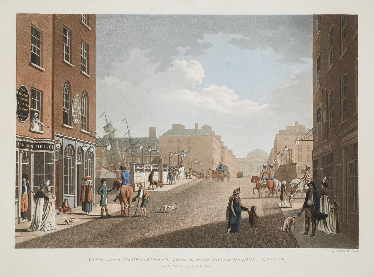 Utsikt från Capel-Street, med utsikt över Essex-bron, Dublin, 1797 (handfärgad gravyr) av James Malton