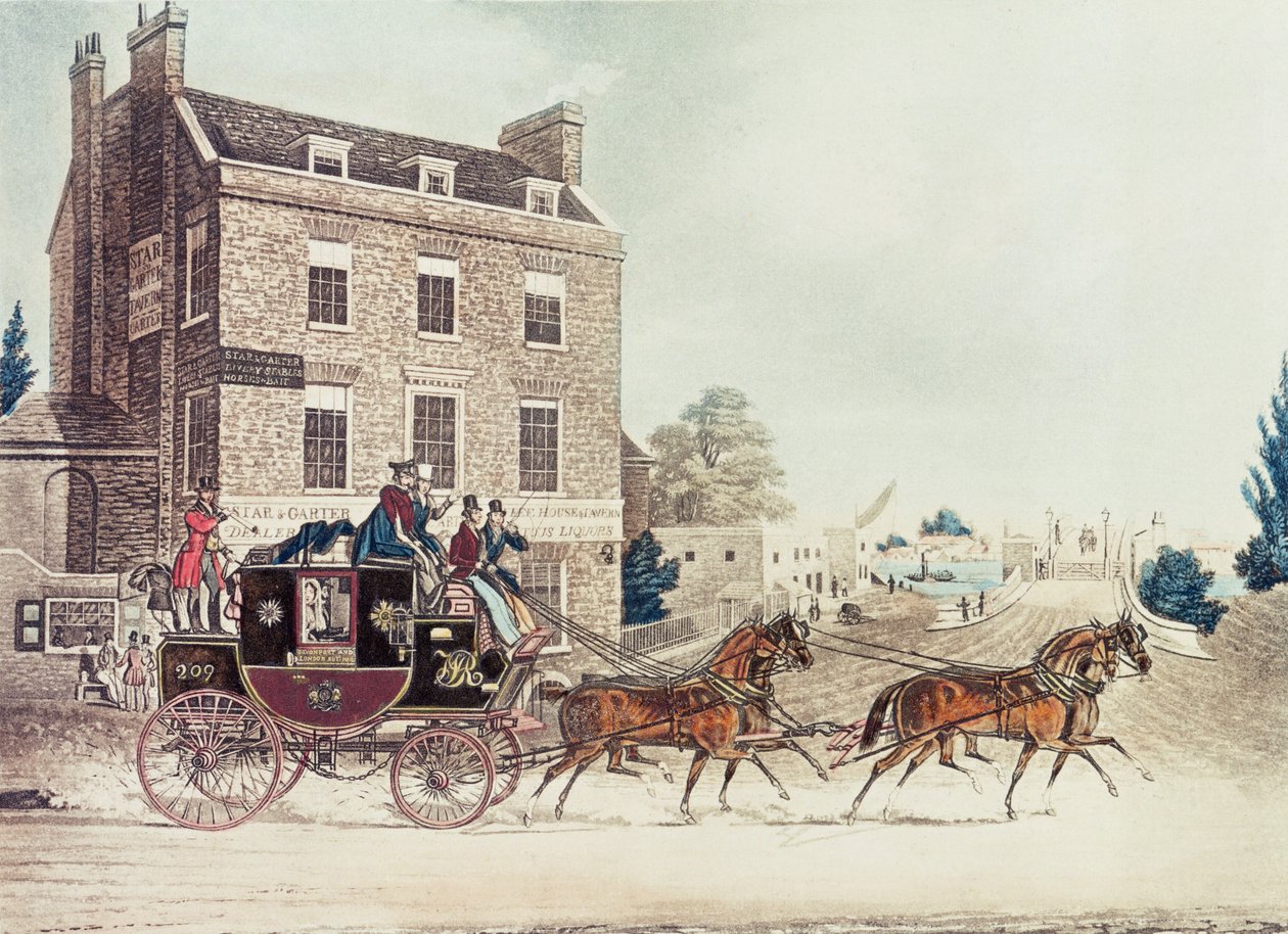 Quicksilver Royal Mail passerar stjärnan och strumpebandet vid Kew Bridge, 1835 av James Pollard