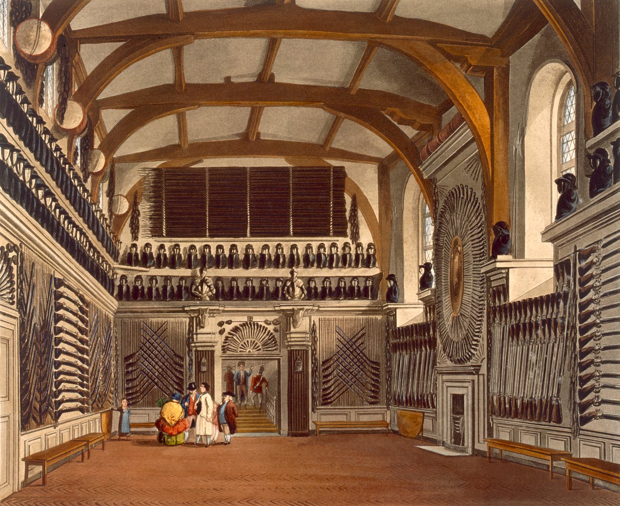 The Old Guard Chamber, The Round Tower, Windsor Castle, från "Royal Residences", graverat av Thomas Sutherland (f.1785), publicerat av William Henry Pyne (1769-1843), 1818 (akvatint). av James Stephanoff