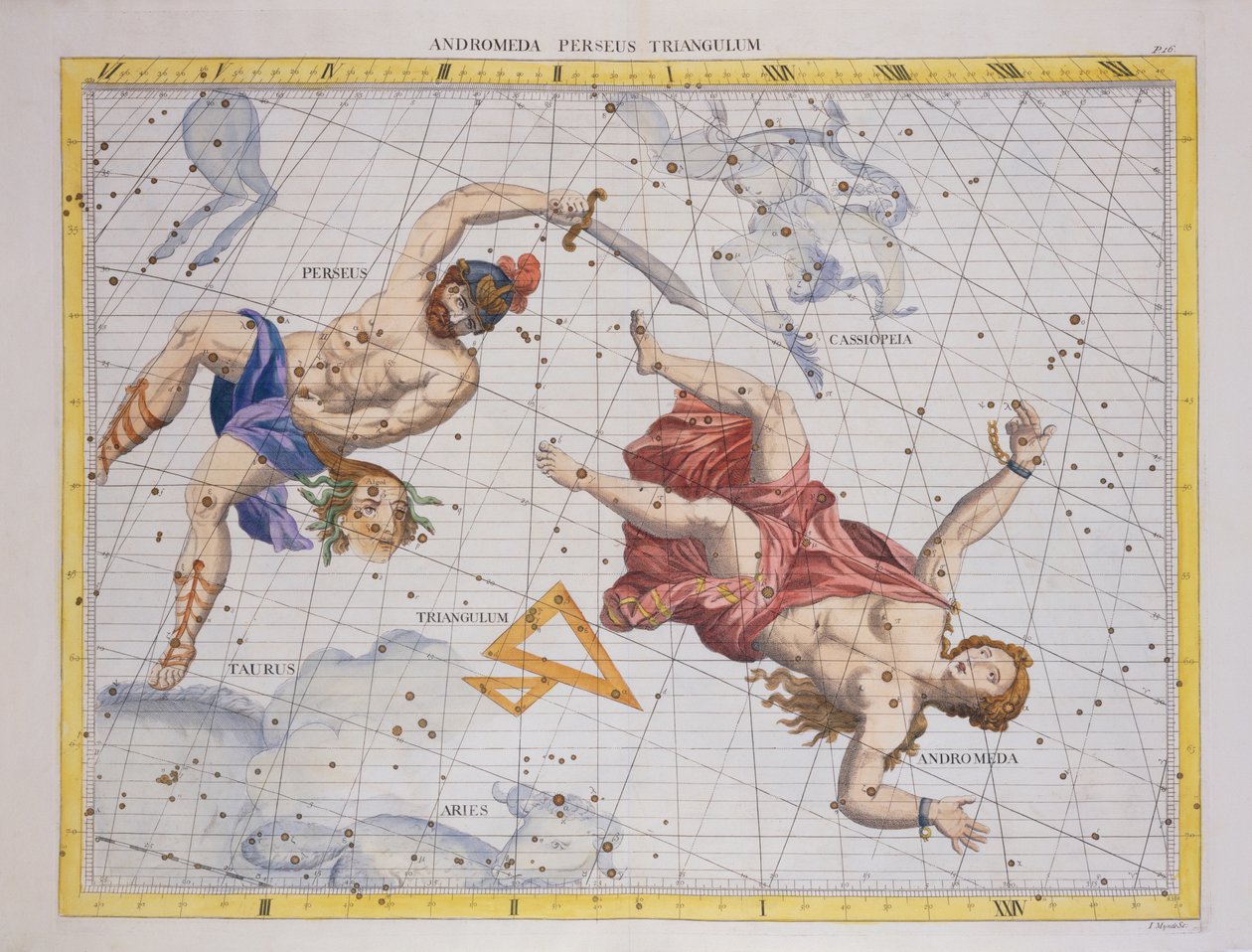 Constellation of Perseus and Andromeda, från "Atlas Coelestis", av John Flamsteed (1646-1719), pub. 1729 (handfärgad gravyr) av James Thornhill