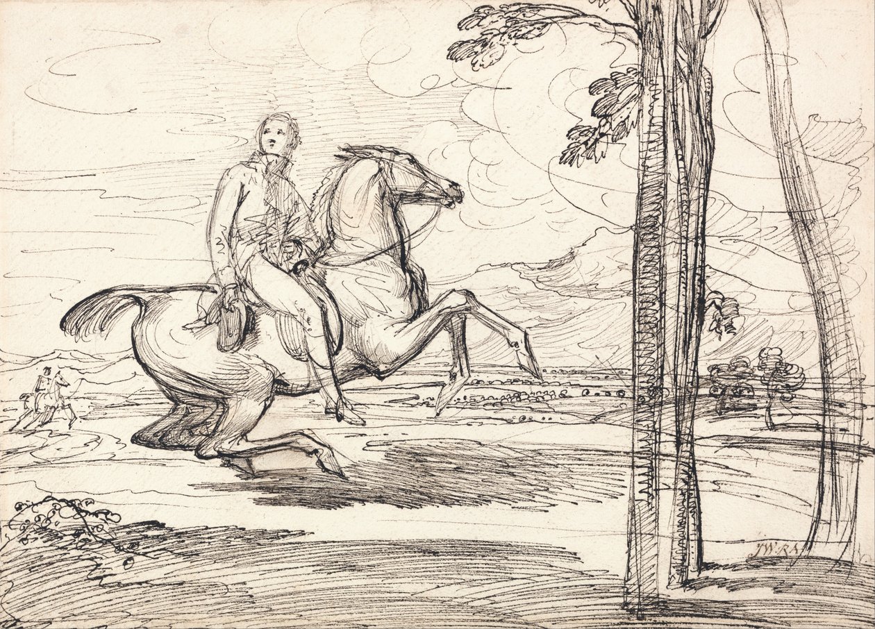 En ryttare i ett landskap- förmodligen en studie för Theophilus Levett Fox-jakt i Wychnor Park av James Ward