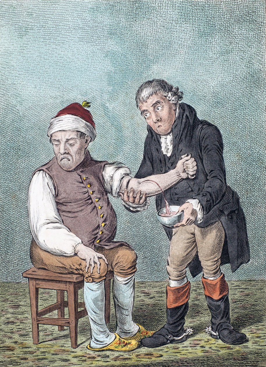 Åderlåtning. Åderlåtning. (skriva ut) av James (after) Gillray