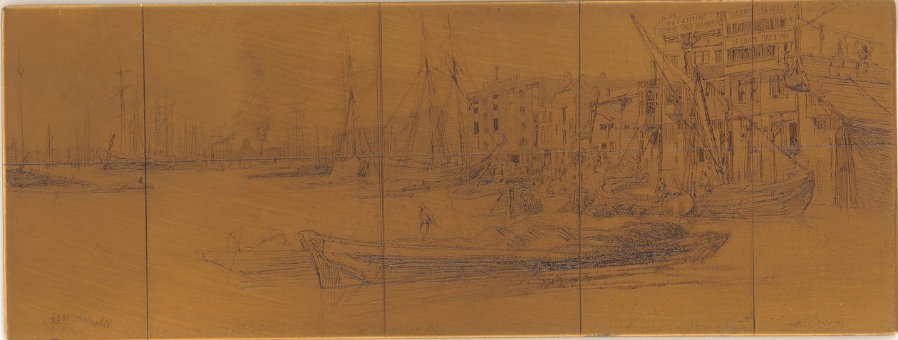 Etsplåt: Thames Warehouses, 1859. av James Abbott McNeill Whistler