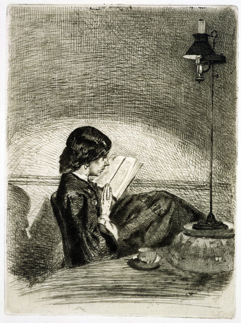 Läsning av Lamplight, 1858 av James Abbott McNeill Whistler
