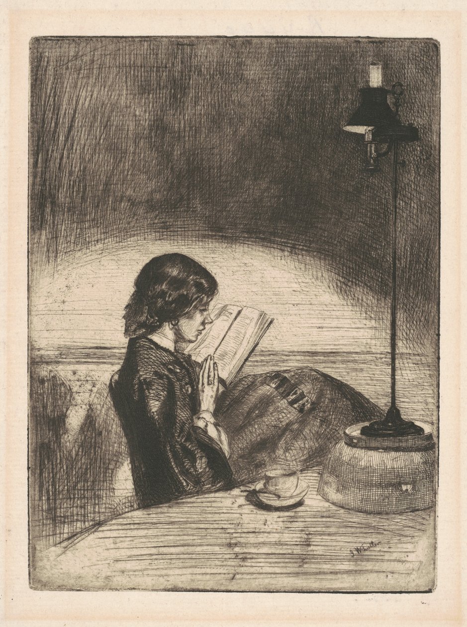 Läsning av Lamplight, 1859. av James Abbott McNeill Whistler