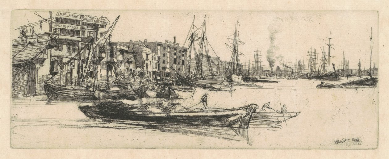 Thames Warehouses, 1859. av James Abbott McNeill Whistler