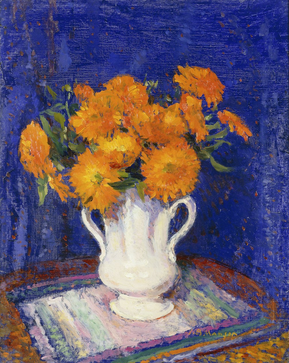 Ringblommor i en vit vas av James Bolivar Manson