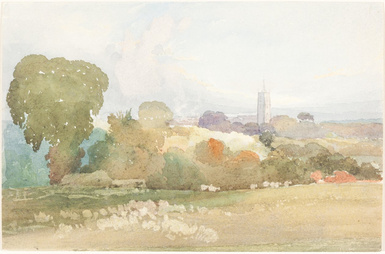 Landskap med kyrktorn, 1828. av James Bulwer