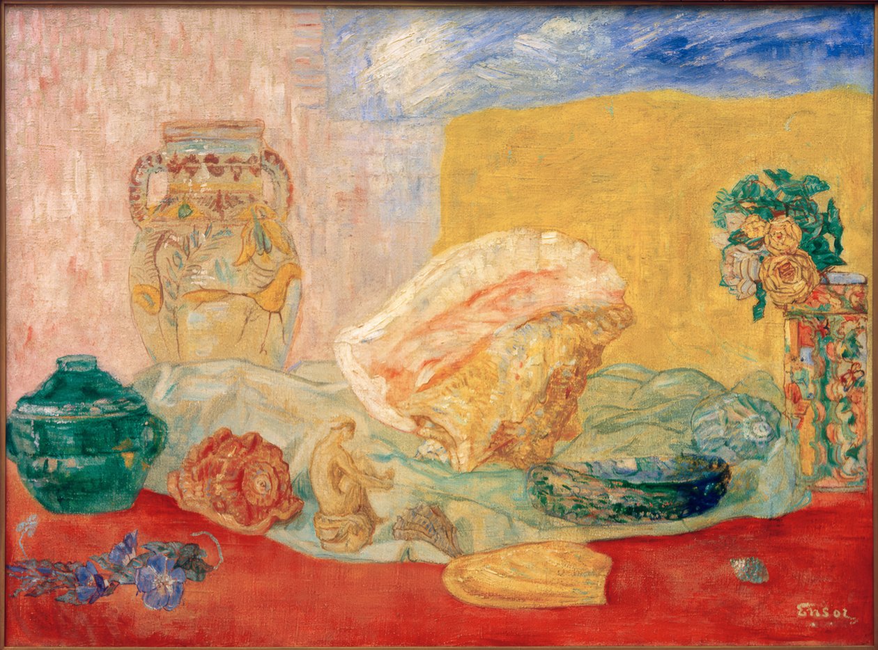 Snäckskal, rosor och vaser av James Sidney Ensor