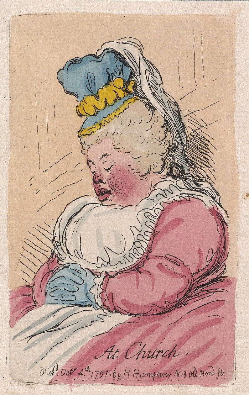 I kyrkan, pub. 1791 (handfärgad gravyr) av James Gillray