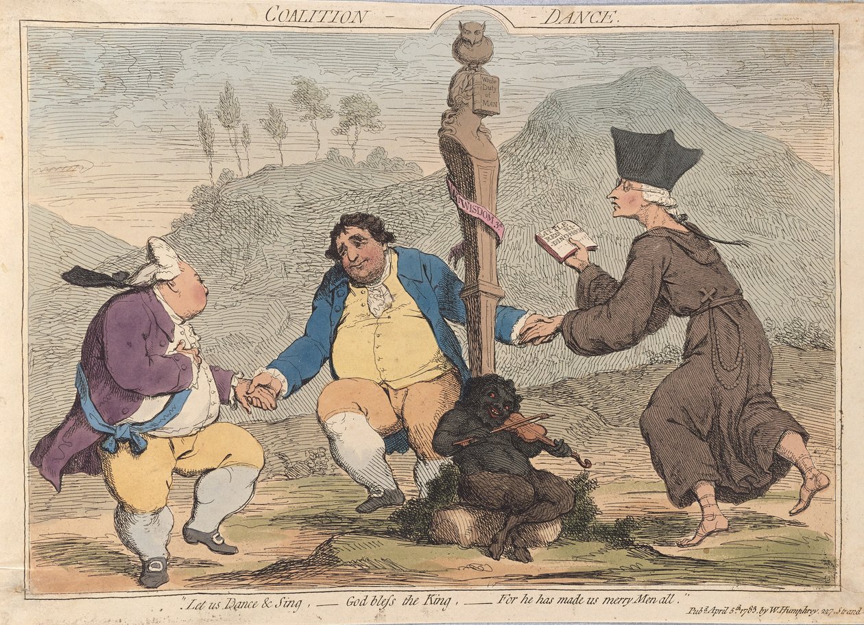 Koalitionsdans, pub. 1785 (handfärgad gravyr) av James Gillray