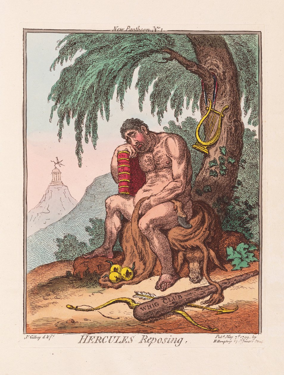 Hercules Reposing, pub. 1799 (handfärgad gravyr) av James Gillray