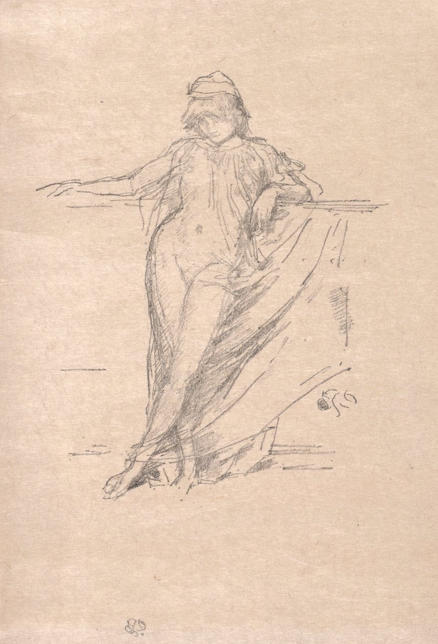 Liten draperad figur lutar sig av James McNeill Whistler