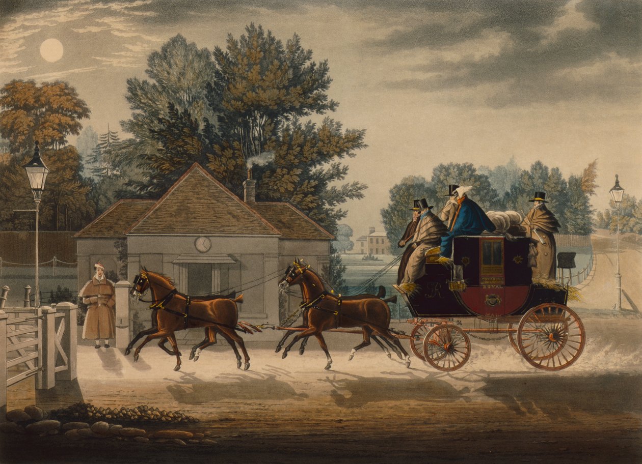 Mail Coach by Moonlight (färgad gravyr) av James Pollard