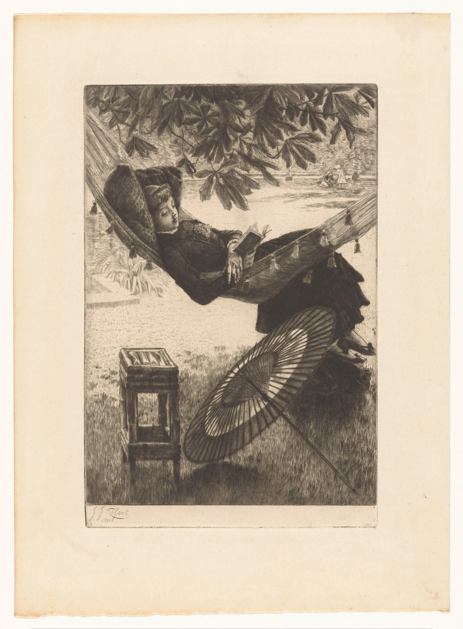 Ung kvinna som läser i en hängmatta av James Tissot