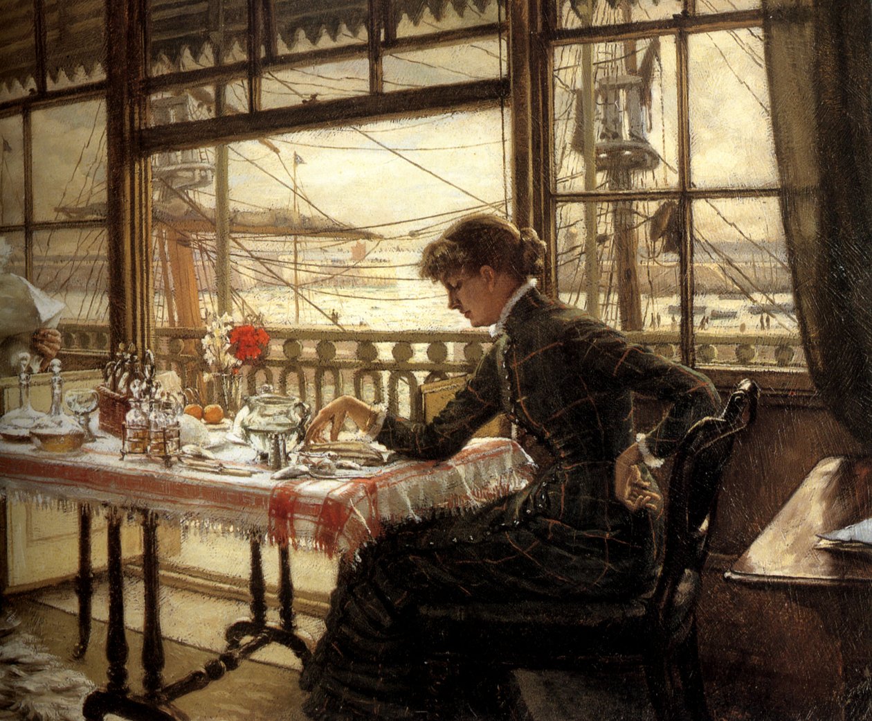 Rum med utsikt över hamnen av James Tissot