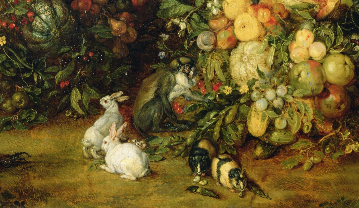 Jungfrun och barnet i en krans av frukt och blommor, detalj av djur, ca 1614-18 (detalj av 36912) av Jan and Rubens, P.P. Brueghel