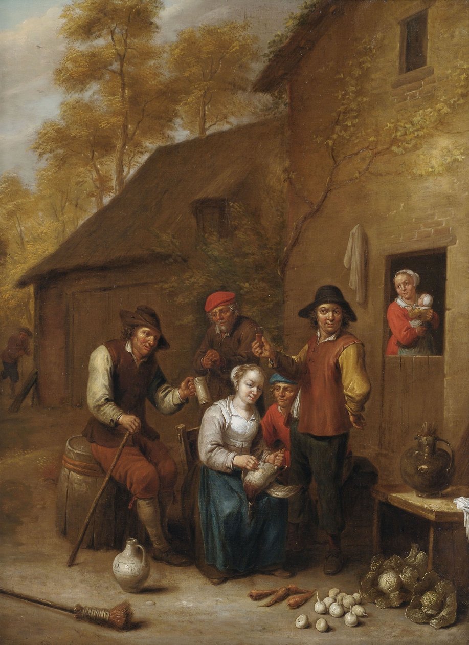Farmers in front of a house av Jan Baptist Nollekens