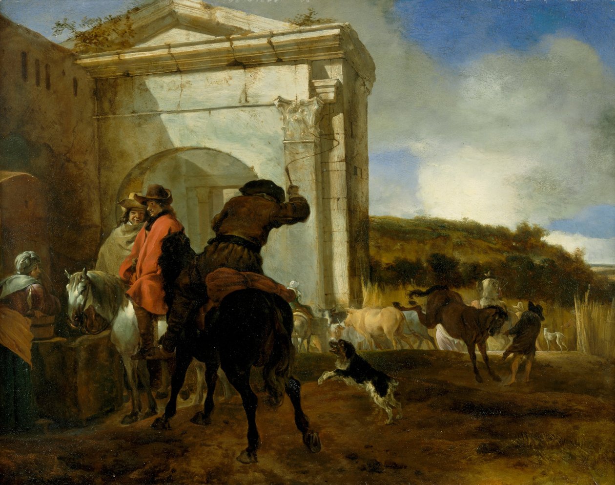 Italienskt landskap med ryttare vid en vår av Jan Baptist Weenix