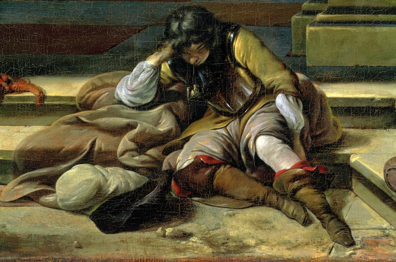 Italiensk hamnscene, detalj av en sovande soldat av Jan Baptist Weenix