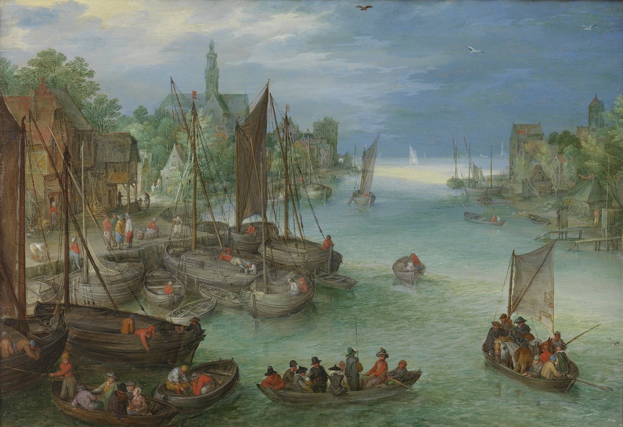 Gezicht op een stad aan een rivier av Jan the Elder Brueghel