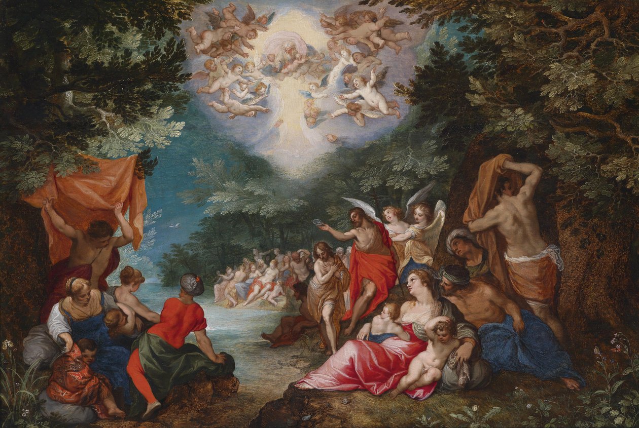 The baptism of Christ in the river Jordan av Jan the Elder Brueghel