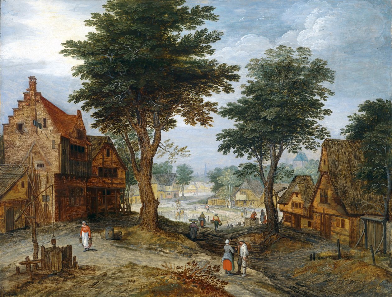 Bustling village landscape with trees av Jan Brueghel the Younger