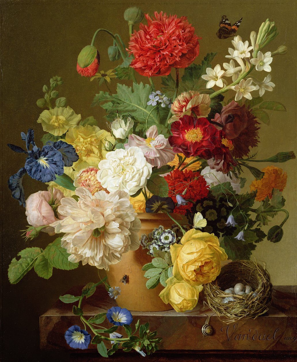 Blomsterstilleben på en marmorkant, 1800-01 av Jan Frans van Dael