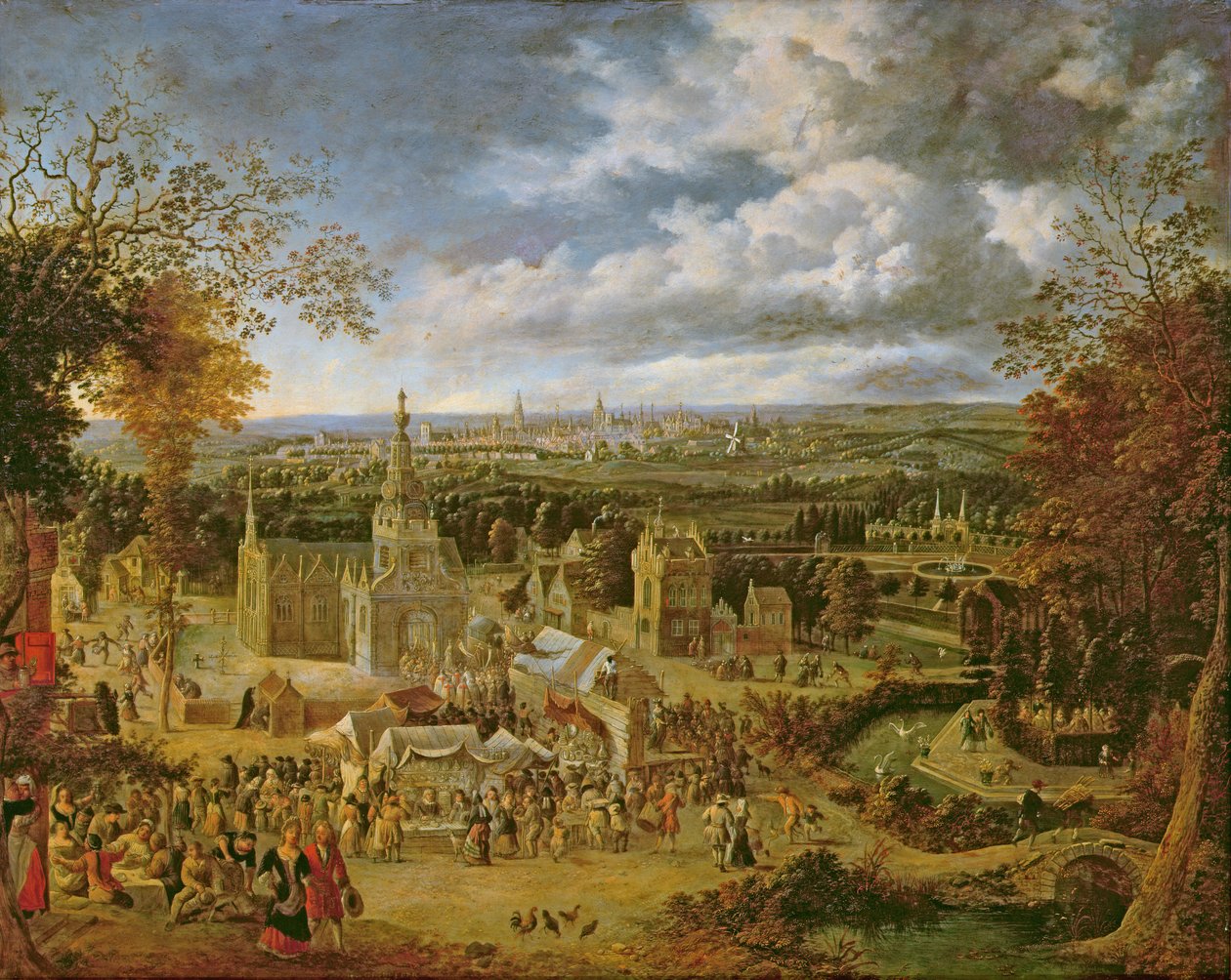 En fest och utsikt över en stad (olja på koppar) av Jan Griffier