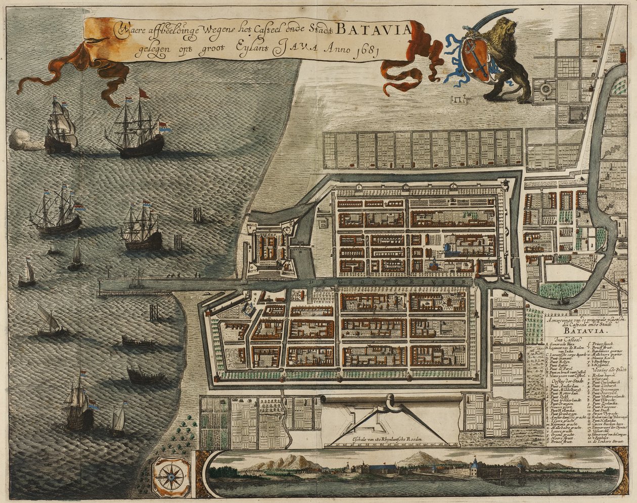 Karta över slottet och staden Batavia, på ön Java (nu Jakarta, Indonesien) av Jan Janssonius