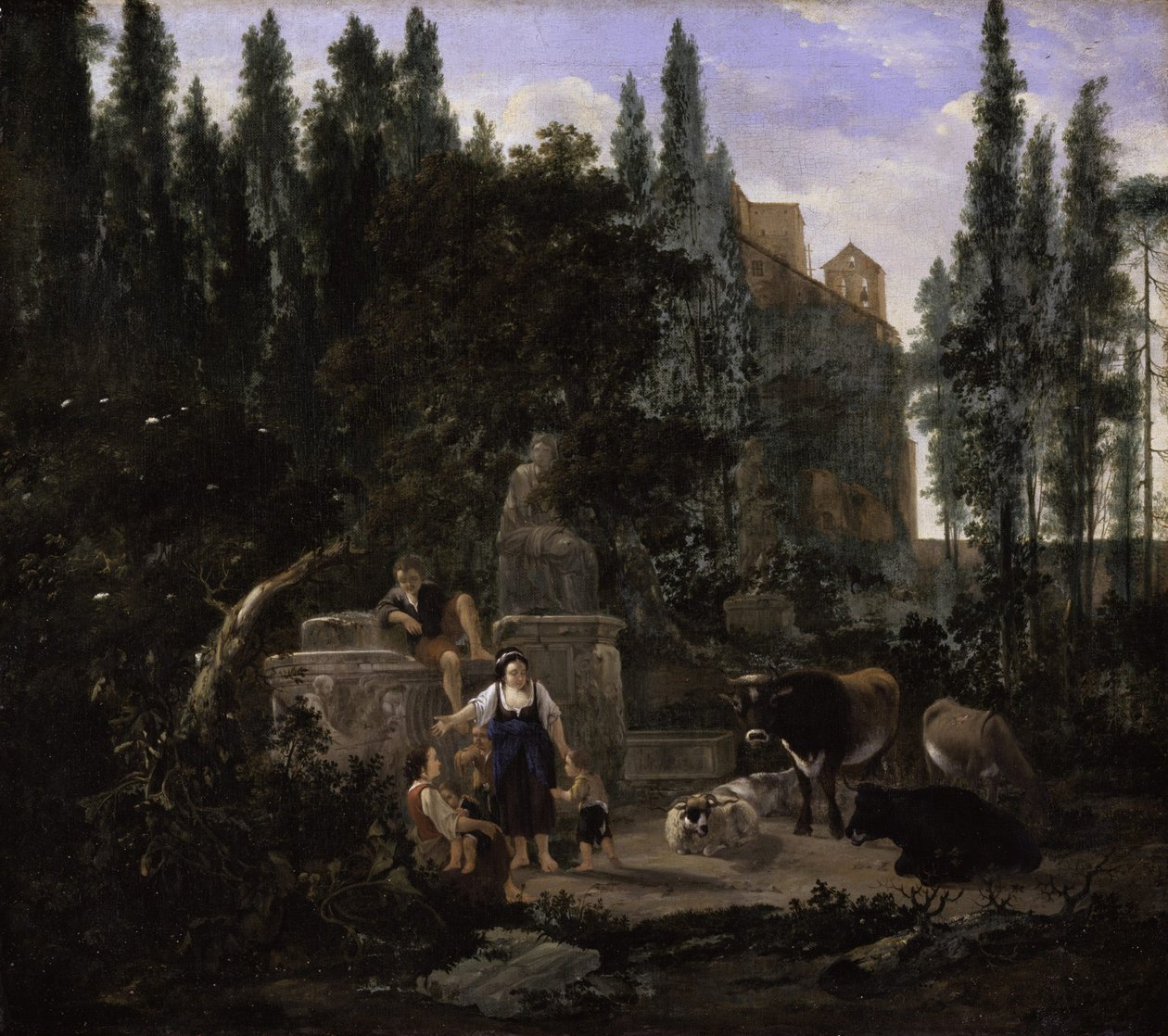 An Italian Landscape with Figures and Cattle av Jan Lapp