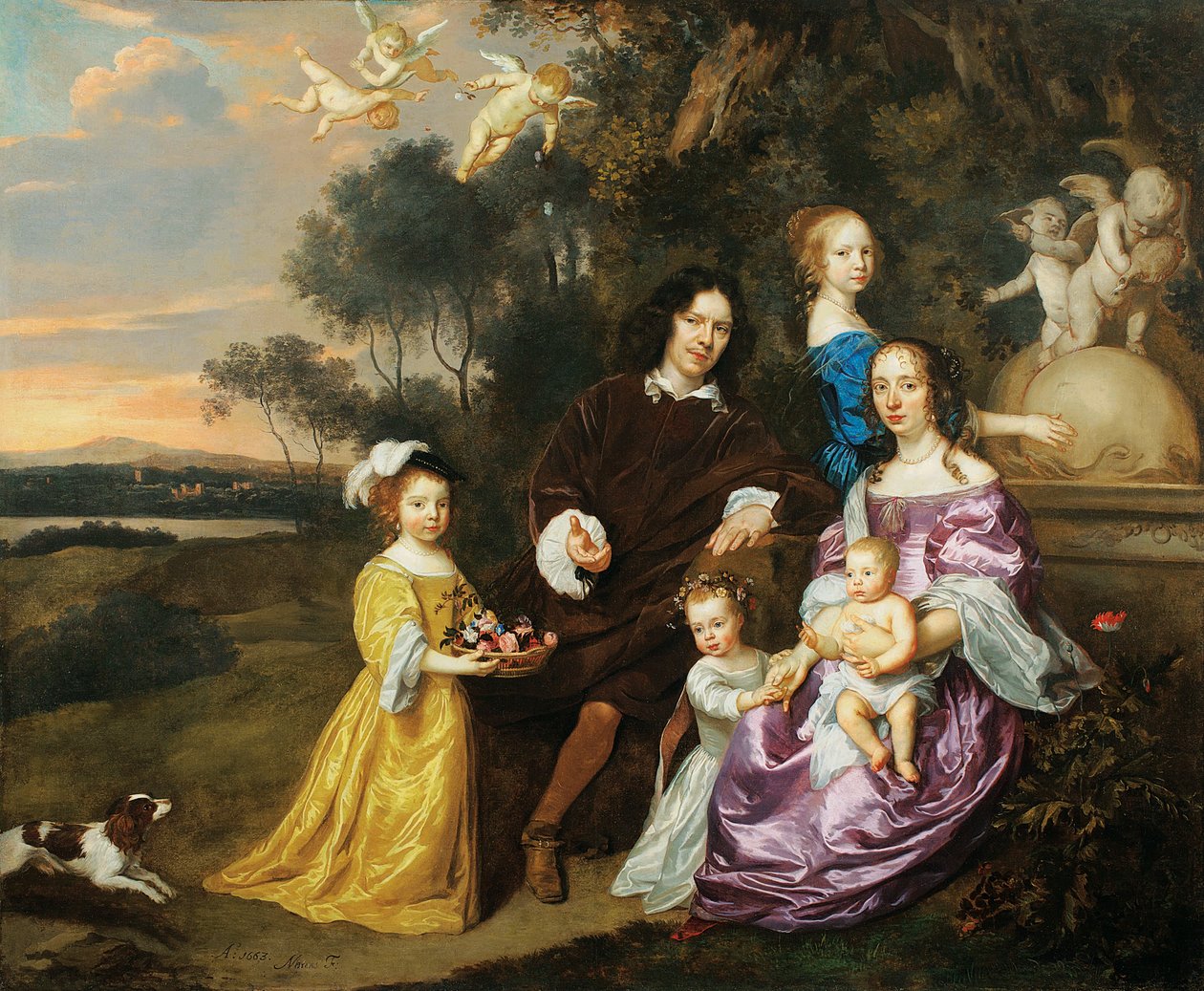 Porträtt av en familjegrupp vid en prydnadsfontän i ett pastoralt landskap, 1663 av Jan Mytens or Mijtens