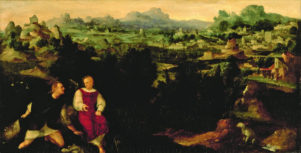 Landskap med Tobias och ängeln av Jan Scorel van Schoorl