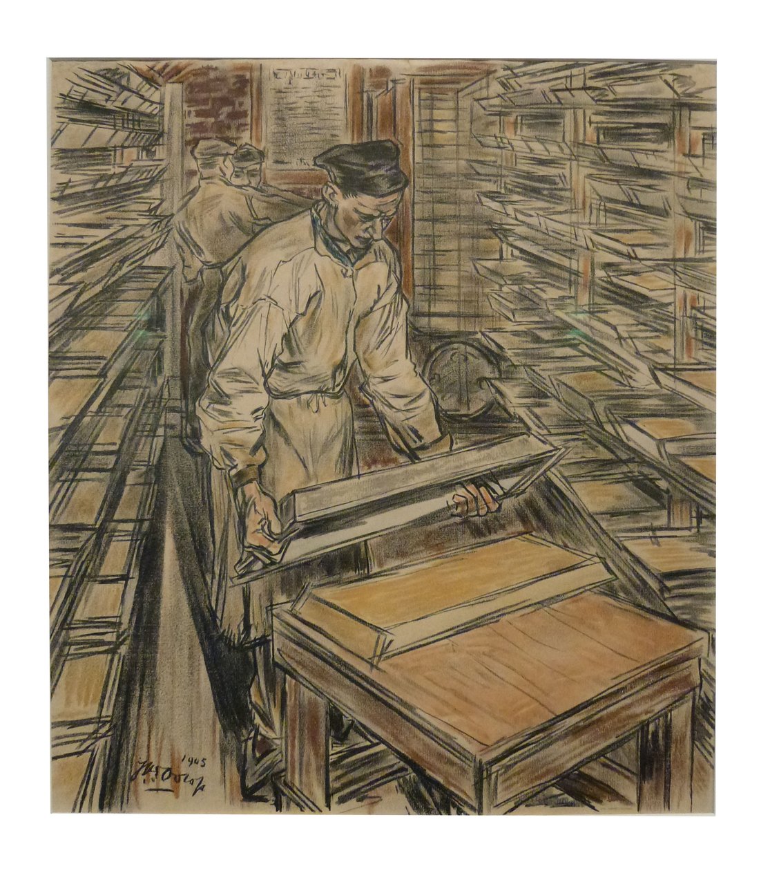  Koekenkamer 1 van de 12 lithos die Toorop maakte over de fabricage van kaarsenn av Jan Toorop