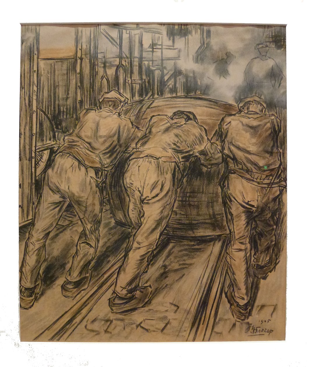  Transport van de grondstoffen in de kaarsenfabriek, houten tonnen met ruw vet, worden de fabriekshal in gereden 1 van de 12 lithos die Toorop maakte over de fabricage van kaarsenn av Jan Toorop