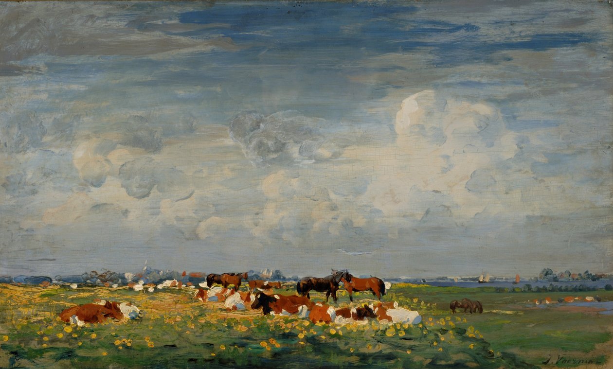 Sommarängslandskap på IJssel med utsikt över Hattem av Jan Voerman