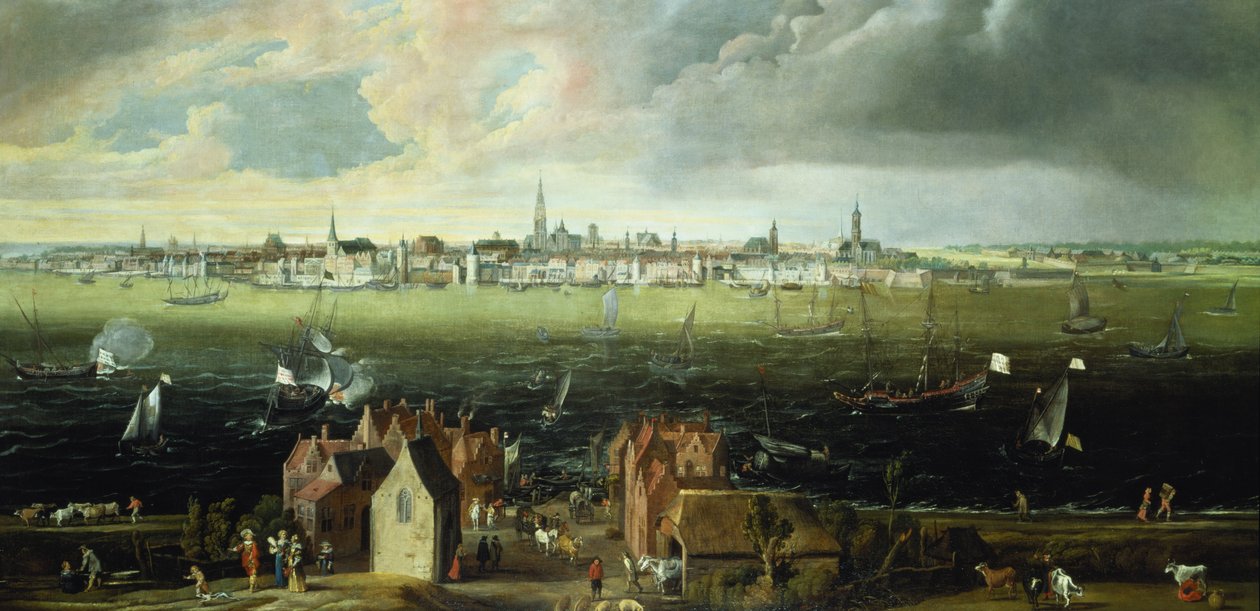 Utsikt över Antwerpen från floden Schelde av Jan Wildens